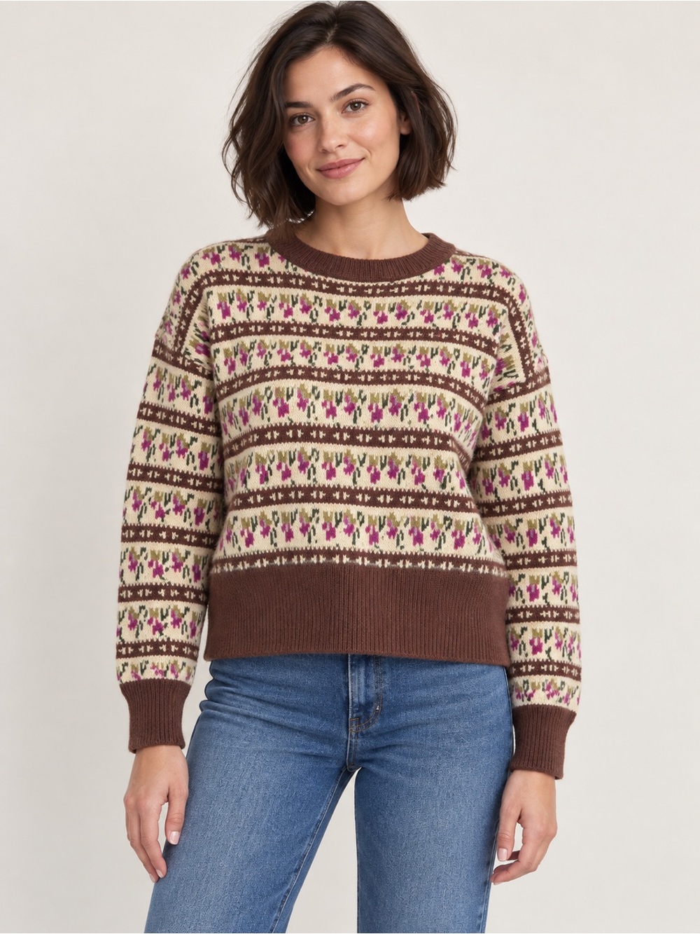 Listicle BROWN MULTI FAIR ISLE KNIT CREWNECK SWEATER NWT Size L